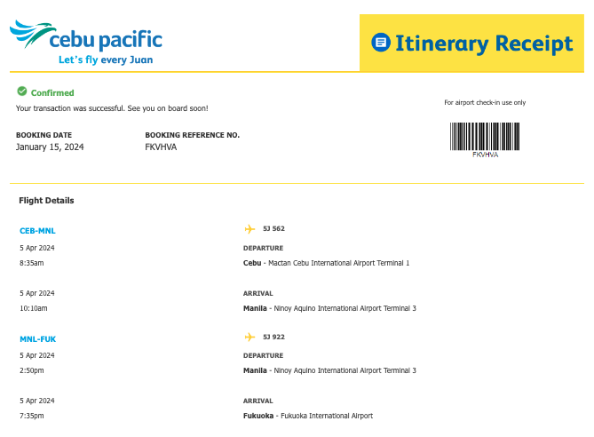 セブパシフィックのitenerary receipt